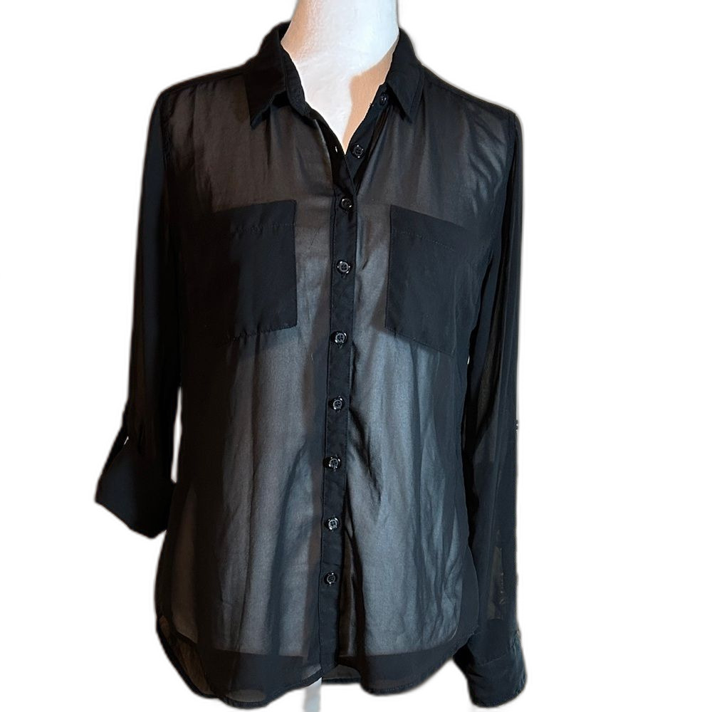 Dots Black Sheer Button Up Blouse Size M Bohemian 70s Feminine